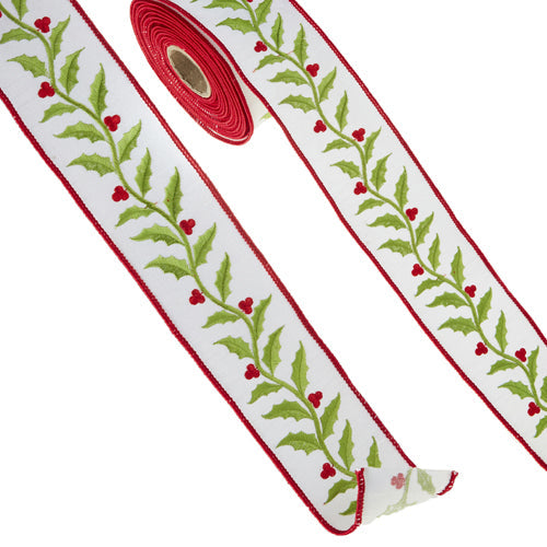 Raz Imports Ribbon 2023 2.5" X 10 Yards Embroidered Holly Wired Ribbon