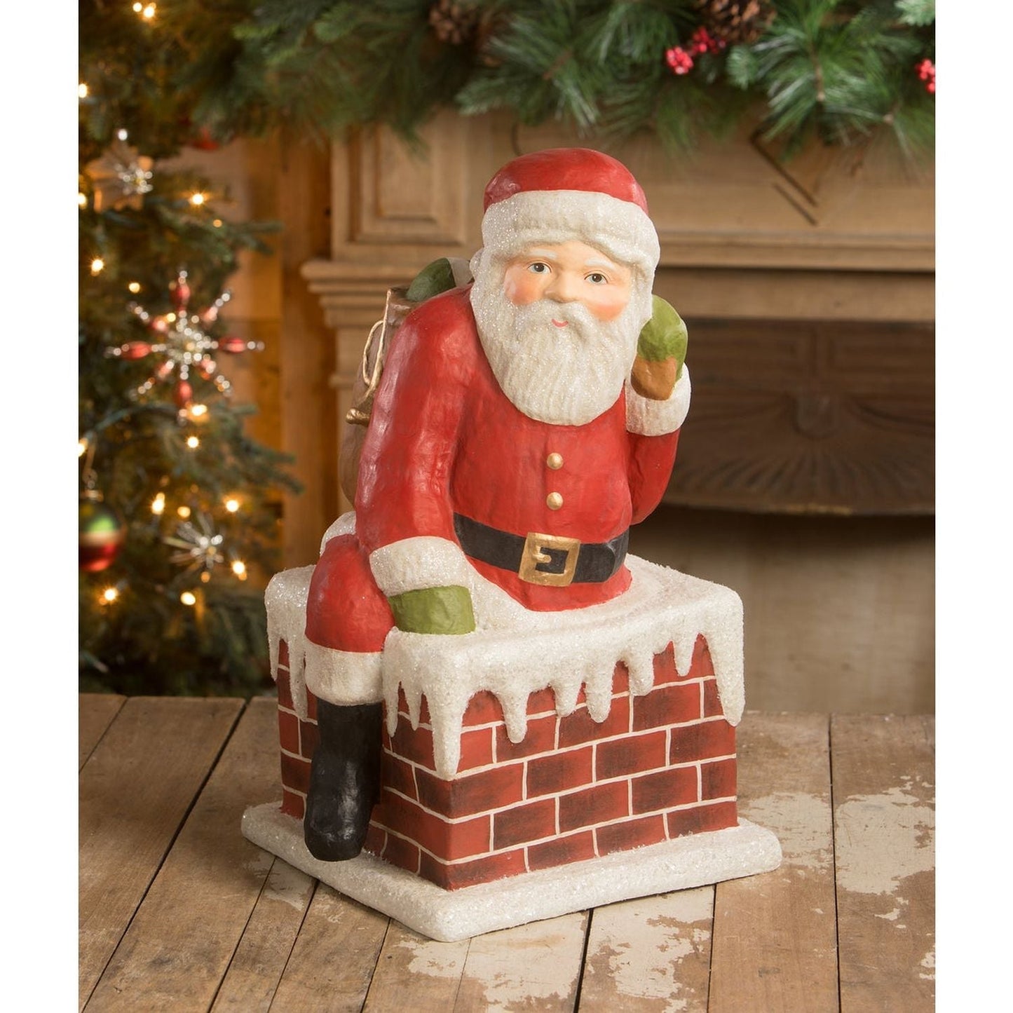 Bethany Lowe Traditional Santa Down Chimney Large Paper Mache Figurine