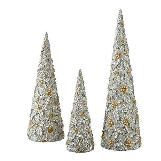Raz Imports 2022 City Of Lights 17.5" Holly Patterned Pewter Cone Tree, Set of 3