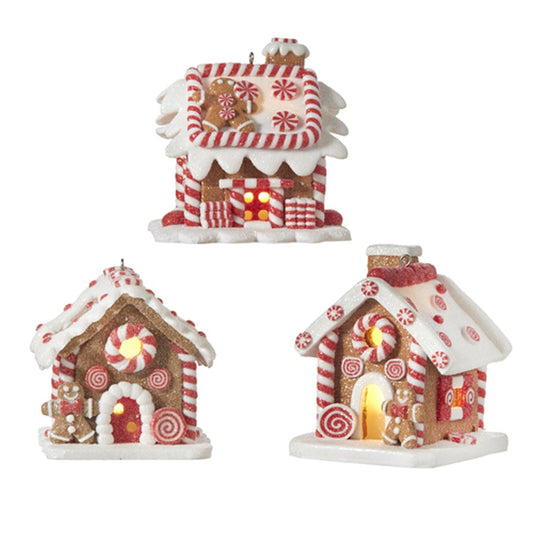 Raz Imports Peppermint Parlor 3.25" Lighted Gingerbread House Ornament, 3 Asst