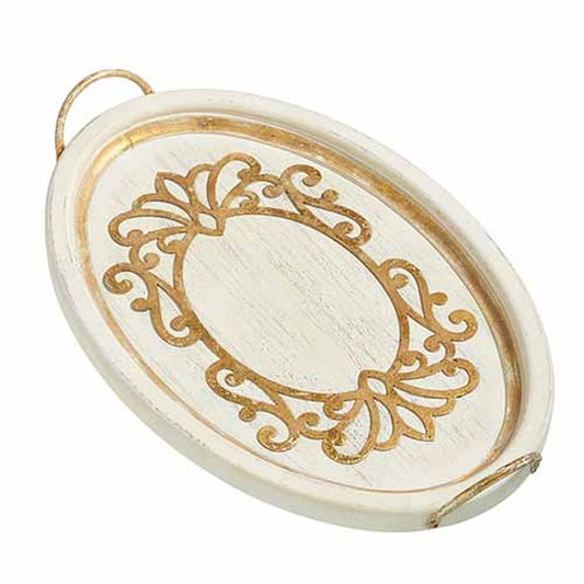 Raz Imports 2023 Paris Apartment 23" Distressed White Scroll Tray.