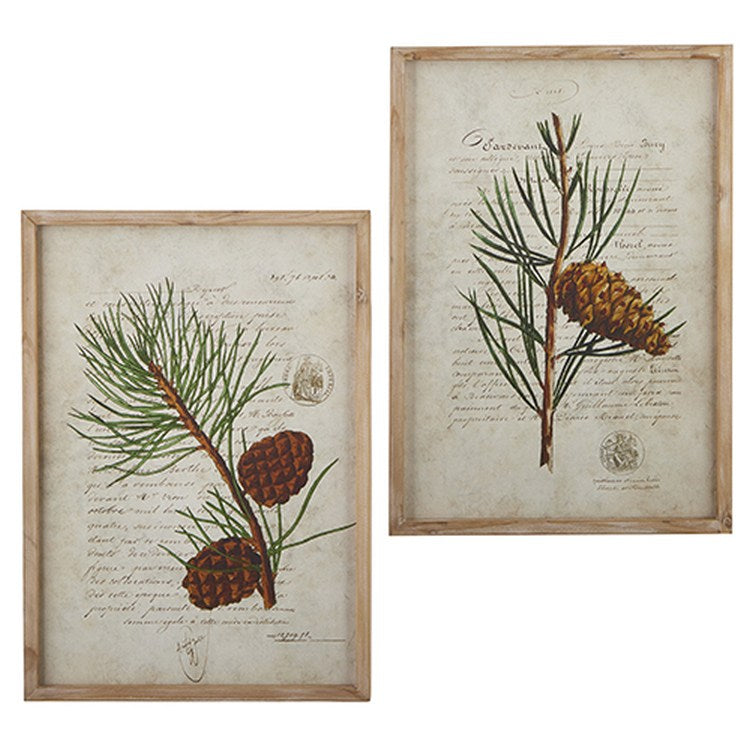 Raz 2022 Christmas At The Lodge 22" Pinecone Branch Framed Wood Print, 2 Asst