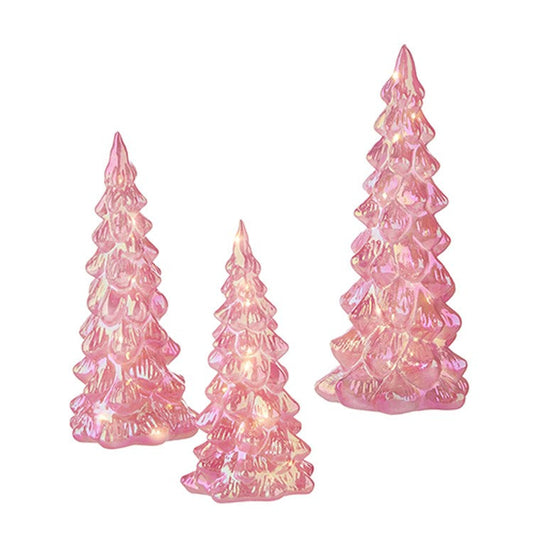 Raz Imports 2022 Collected Christmas 12" Pink Irridescent Lighted Tree, Set of 3