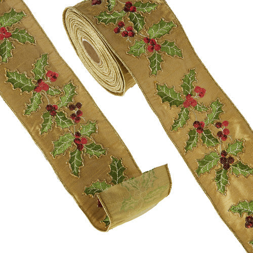 Raz Imports Ribbon 2023 4" X 10 Yards Holly Embroidered Wired Ribbon