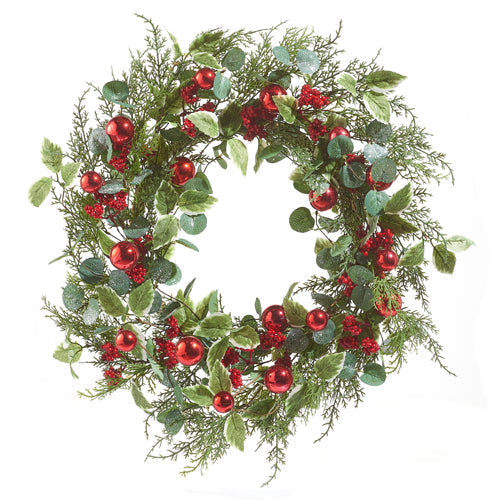 Raz Imports 2023 Heartfelt Holiday 24" Mixed Greenery And Berry And Ball Wreath