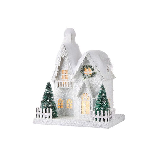 Raz Imports 2021 10.75-inch Flocked Double Gable Lighted House Figurine