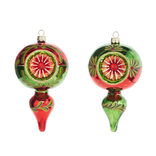 Raz 2023 Classic Carols 5" Green And Red Finial Reflector Ornament, Asst of 2