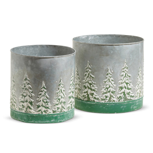 Raz 2023 All Is Calm 10.5" Galvanized Bucket With Embossed Trees, Set of 2