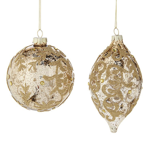 Raz Imports 2022 Evergreen & Gold 4" Gold Jewel Ornament, Asst Of 2