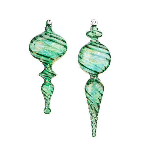 Raz 2023 Charming Holiday 9" Green Blown Glass Finial Ornament, Asst of 2