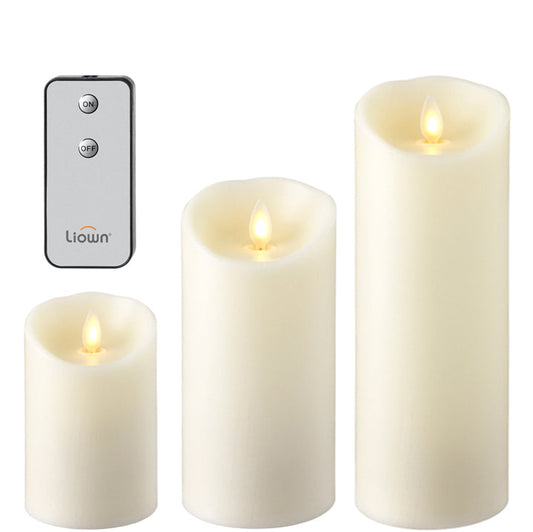 Raz Push Flame Ivory Pillar Candles w/ Remote, Set of 3 - 2C