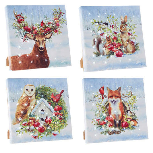 Raz Imports Woodland Santa & Forest Friends Lighted Print w/Easel Back, 4 Asst