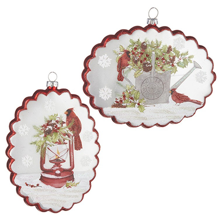 Raz 2022 Countryside Christmas 6" Cardinal Scalloped Disc Ornament, 2 Asst.