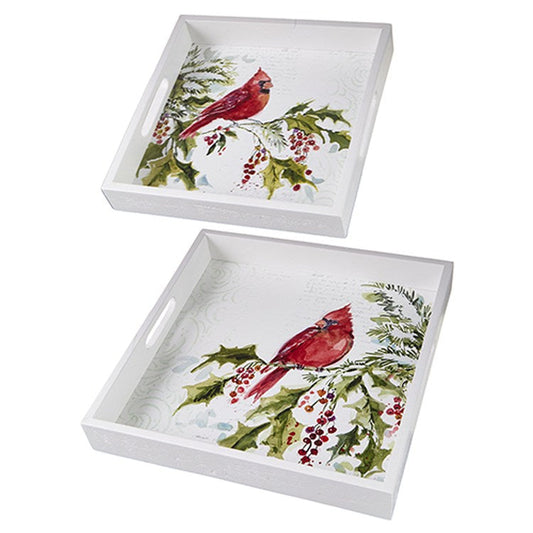 Raz Imports 2022 Countryside Christmas 16" Cardinal Printed Tray, Set of 2