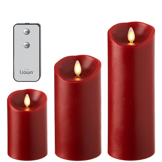 Raz Push Flame Red Pillar Candles with Remote, Set of 3