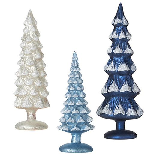 Raz Imports 2022 Cozy Christmas 14.25" Blue And Pewter Glass Tree, Set of 3