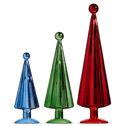 Raz 2023 Vintage Farmhouse 16.25" Ribbed Glass Trees With Ball Top, Set of 3