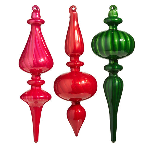 Raz Imports 2023 Charming Holiday 9.75" Blown Glass Finial Ornament, Asst of 3