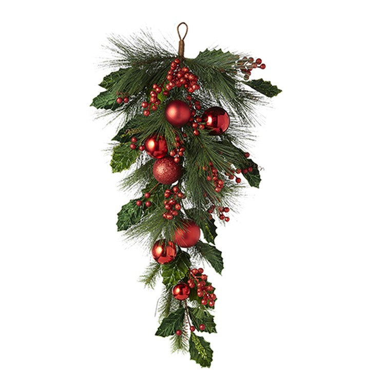 Raz 2022 Tartan Tidings 36" Mixed Greenery w/ Berries & Ornaments Teardrop Swag