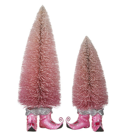 Raz 2022 Collected Christmas 17.75" Pink Bottle Brush Tree w/ Elf Shoe, 2 Set