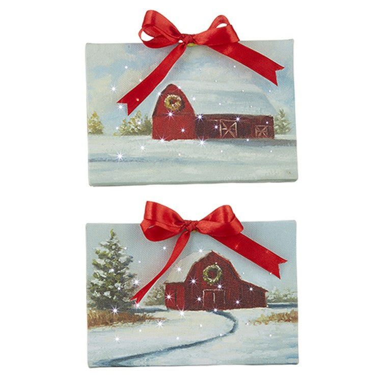 Raz Imports 2022 6" Snowy Red Barn Lighted Print Ornament w/ Easel Back, 2 Asst