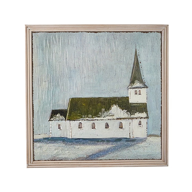 Raz 2022 4257299 Cozy Christmas 24.5" Church Embossed Metal Framed Wall Art