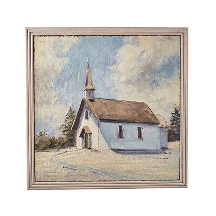 Raz 2022 4257298 Cozy Christmas 24.5" Church Embossed Metal Framed Wall Art