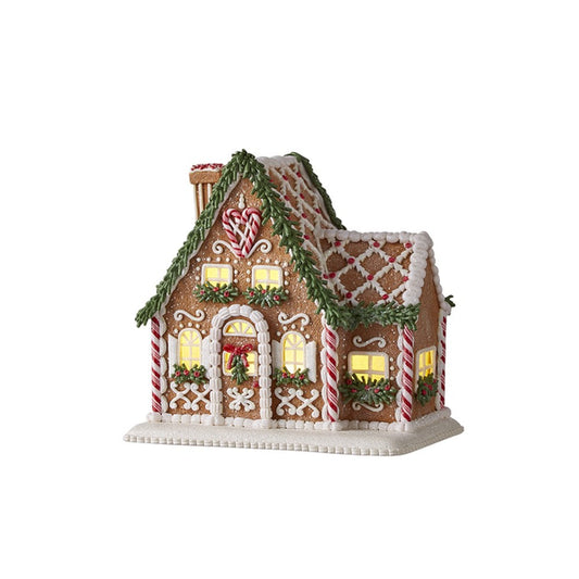 Raz Imports 2021 8.75-inch Gingerbread Lighted House with Chimney Figurine