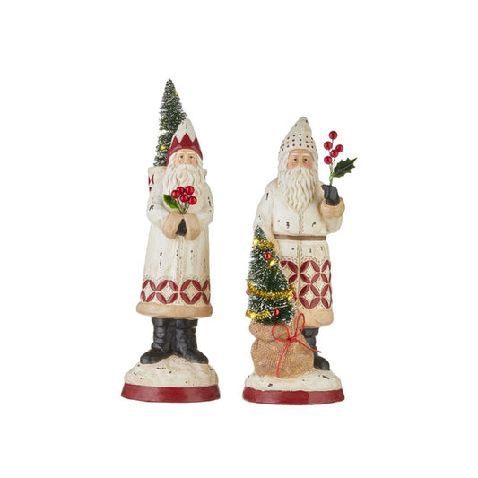 Raz Imports 2021 13-inch Folk Art Santa with Tree Figurine, Assortment of 2