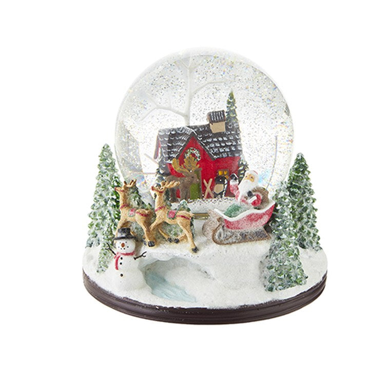 Raz 6.5" House w/ Santa & Sleigh Musical Lighted Swirling Glitter Water Globe