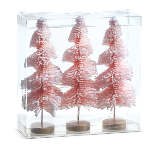 Raz Imports 2023 Jingle & Cocoa 9" Box of 3 Pink Snowy Bottle Brush Trees