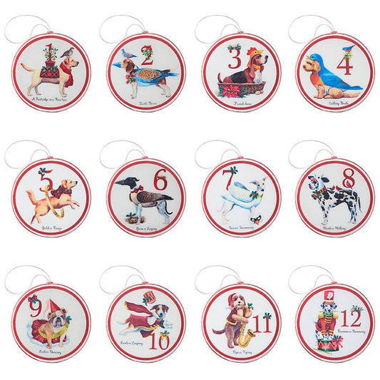 Raz Imports 4" Twelve Dogs Of Christmas Disc Ornament, Set of 12