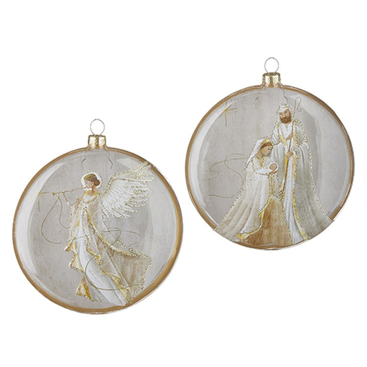 Raz 2022 City Of Lights 5.5" Holy Family & Angel Oval Disc Ornament w/ Snow, A/2