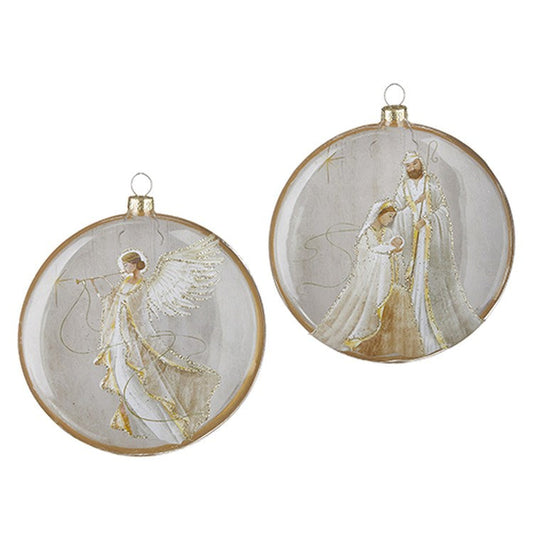 Raz 2022 City Of Lights 5.5" Holy Family & Angel Oval Disc Ornament w/ Snow, A/2