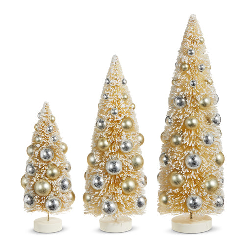 Raz Imports 2023 Bon Noel 15" Snowy Bottle Brush Trees With Ornaments, Set of 3