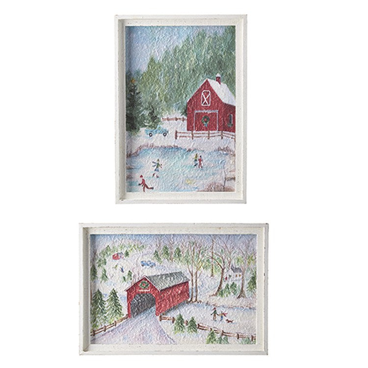 Raz 2022 Countryside Christmas 18" Barn Textured Paper Framed Wall Art, 2 Asst