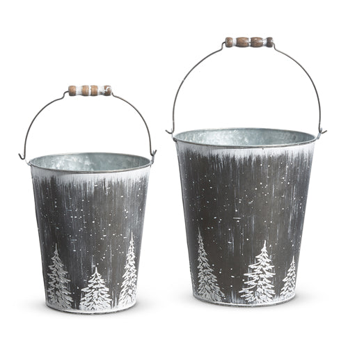 Raz 2023 All Is Calm 9.5" Handled Galvanized Buckets With Trees, Set of 2