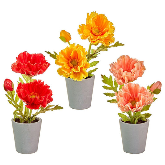 Raz Imports 9-inch Real Touch Potted Poppies, Assortment of 3 Faux Plants