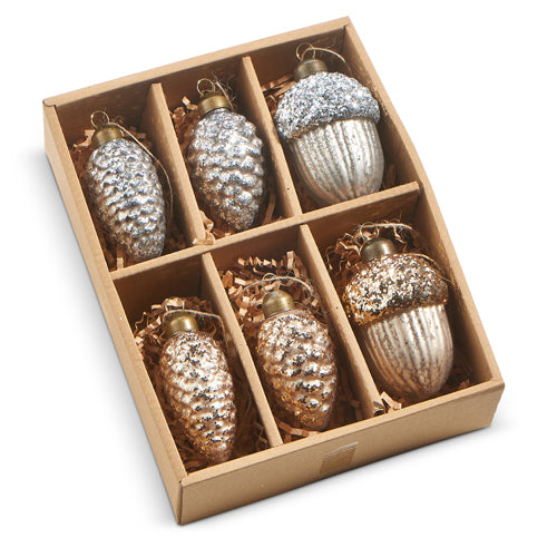 Natural Noel 3.25" Box of 6 Glittered Mercury Glass Pinecone & Acorn Ornaments