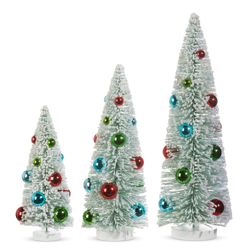 Dashing Through The Snow 15" Snowy Bottle Brush Trees With Ornaments, Set of 3