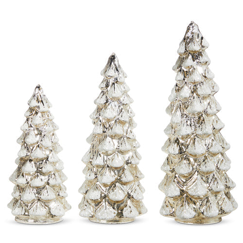 Raz 2023 Natural Noel 12" Snowy Silver Mercury Glass Lighted Trees, Set of 3