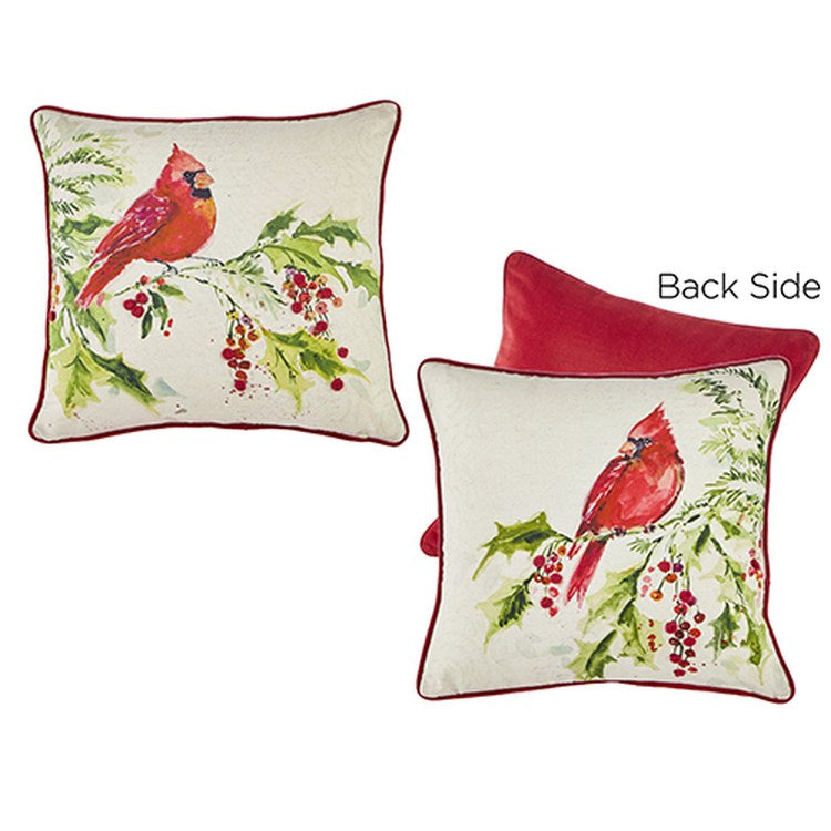 Raz 2022 Countryside Christmas 18" Cardinal On Holly Branch Pillow, 2 Asst