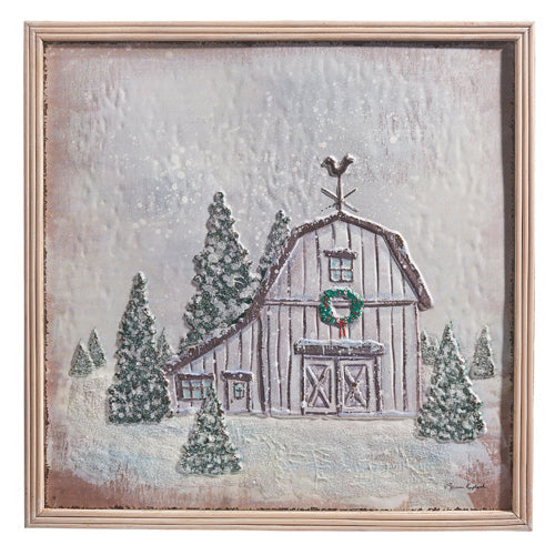 Raz Imports 2023 Natural Noel 25.5" Snowy Barn Embossed Metal Framed Wall Art