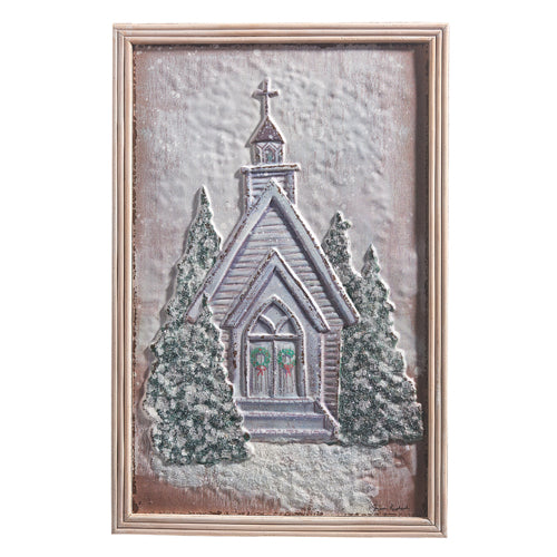 Raz Imports 2023 Natural Noel 24.75" Snowy Chapel Embossed Metal Framed Wall Art