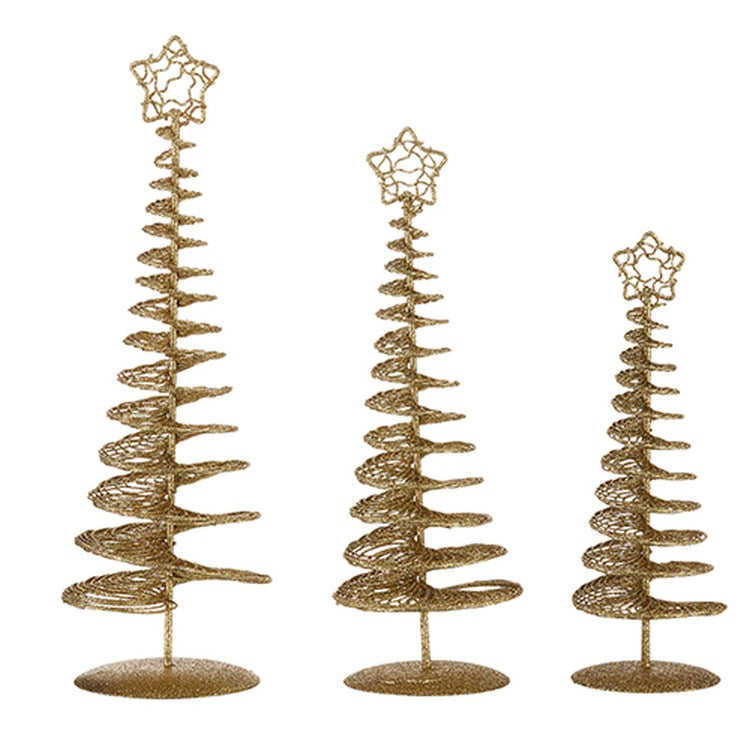 Raz Imports 2022 Tartan Tidings 13" Gold Wire Spiral Tabletop Trees, Set of 3