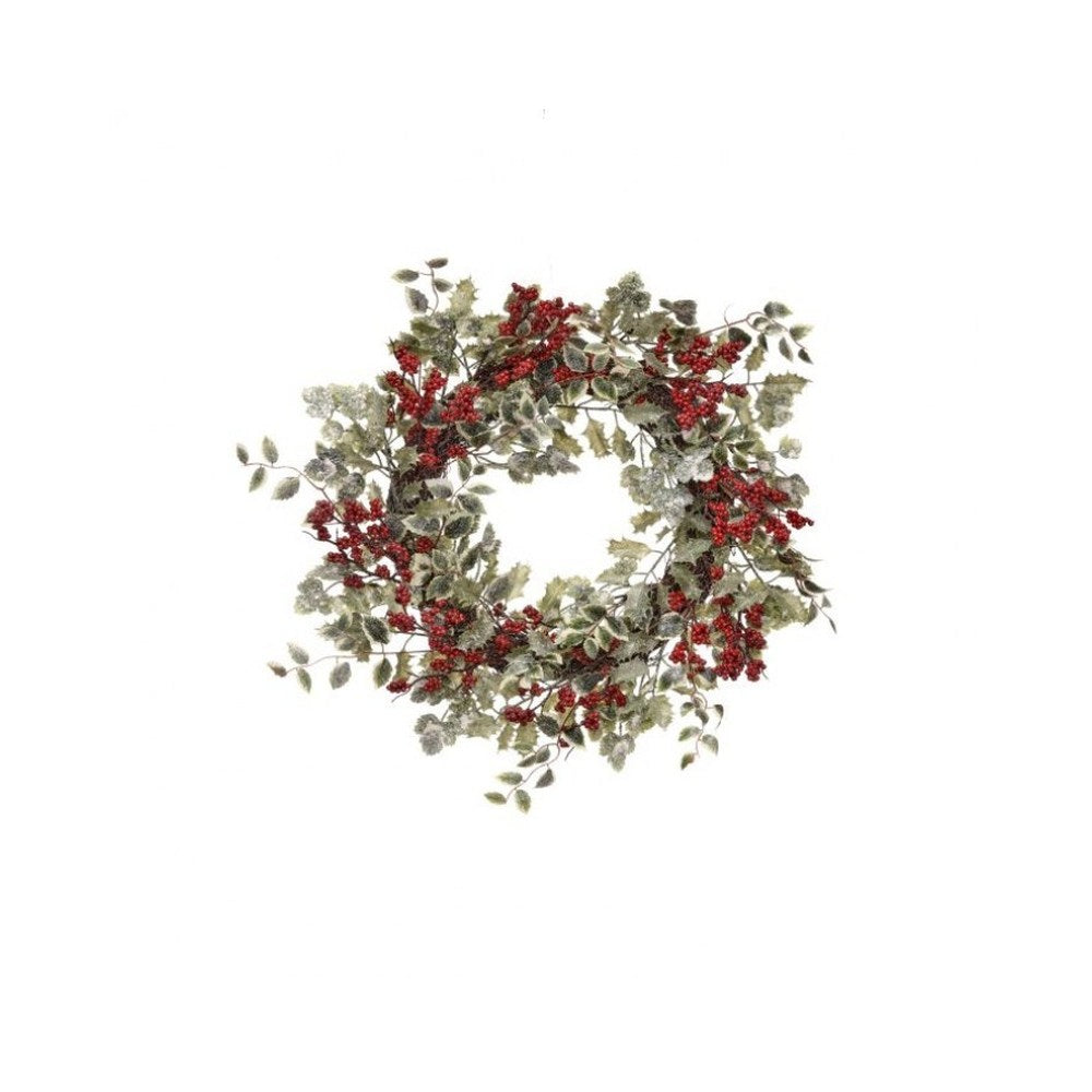 Regency International Faux Berry Holly Leaf Wreath, 24 inches, Frosted Red Green