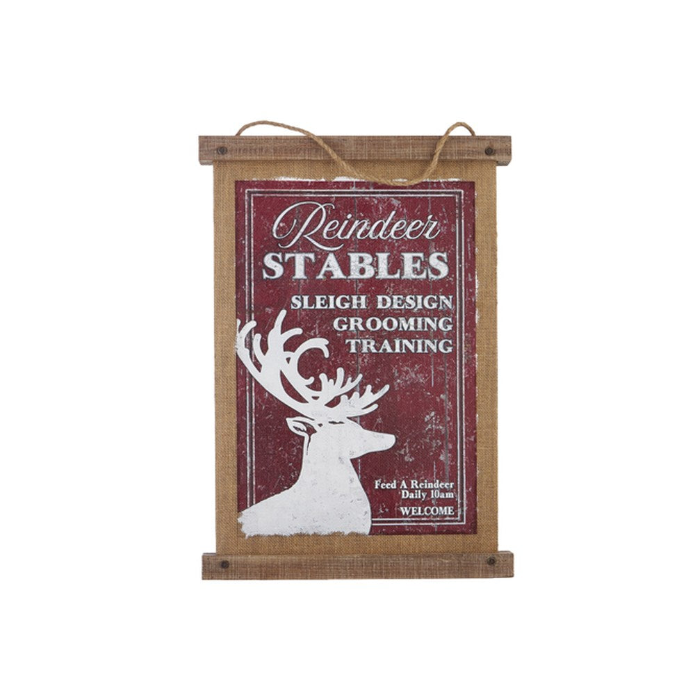 Raz Imports 2021 24-inch Reindeer Stables Printed Metal Backed Burlap Wall Art