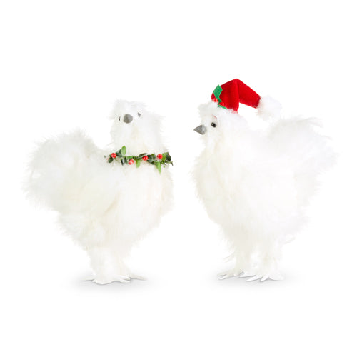 Raz 2023 Vintage Farmhouse 8" White Silky Christmas Chicken Ornament, Asst of 2