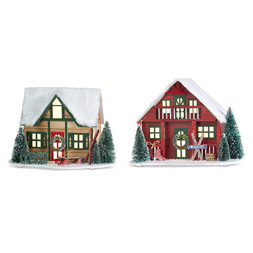 Raz 2023 Dashing Through The Snow 10.25" Lighted Paper Ski Lodge, Asst of 2