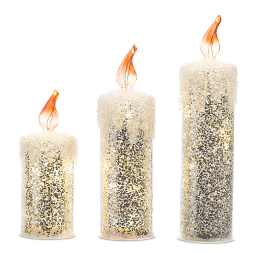 Raz Imports 2023 Winter Frost 11.5" Lighted Silver Glitter Candle, Set of 3